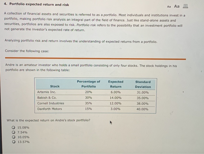  4. Portfolio expected return and risk Aa Aa E A collection