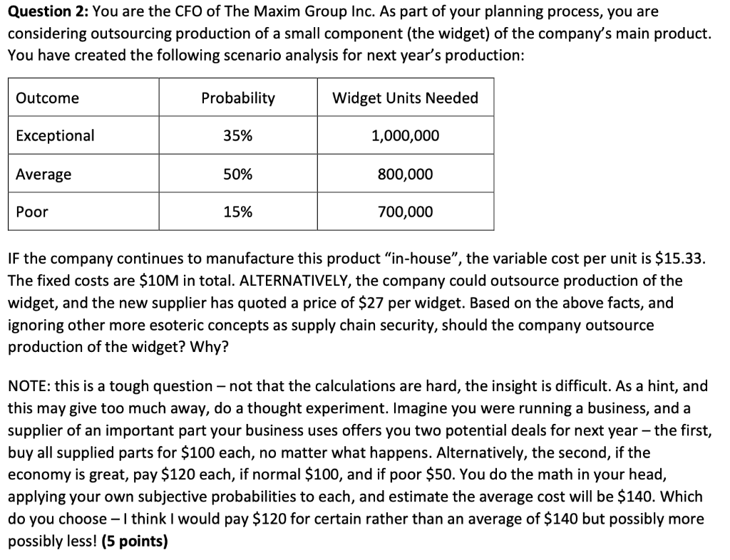 Please solve using Excel Question 2: You are the CFO of The