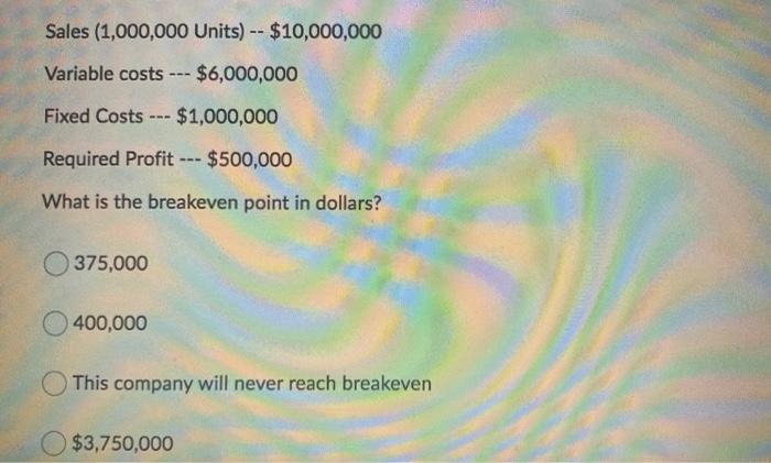  Sales (1,000,000 Units) -- $10,000,000 Variable costs --- $6,000,000 Fixed Costs