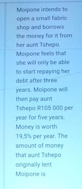  Moipone intends to open a small fabric shop and borrows the