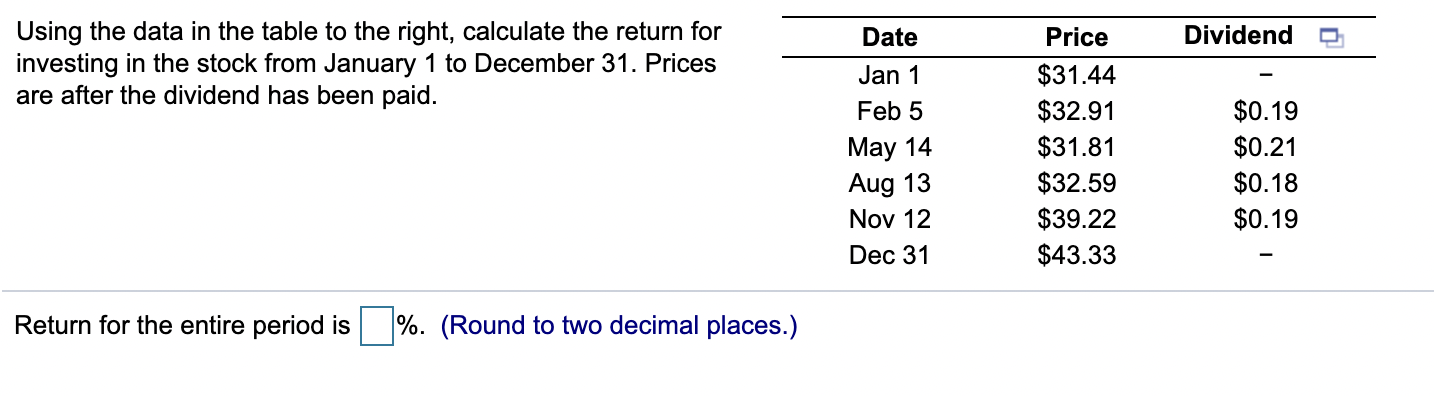  Date Dividend Using the data in the table to the right,
