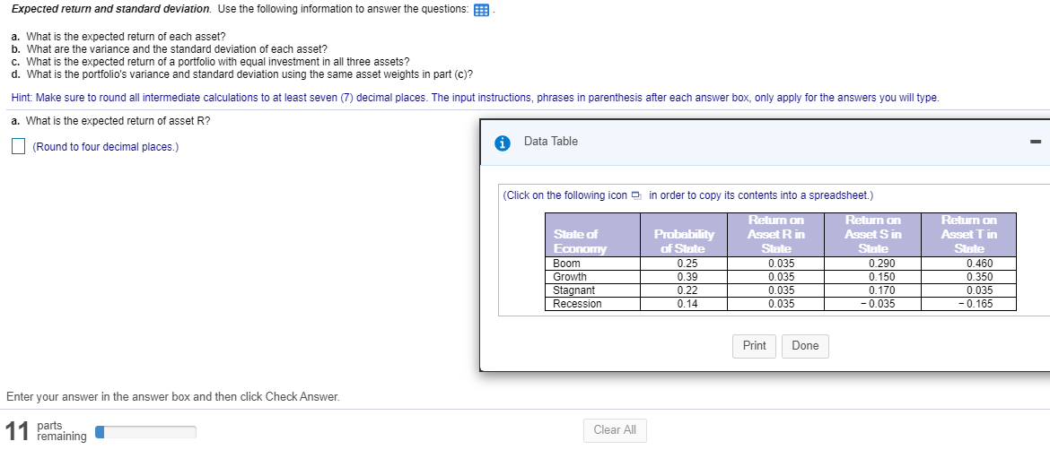  Expected return and standard deviation. Use the following information to answer