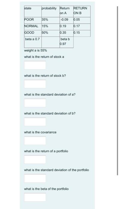 please answer this please state probability Return RETURN on A ON B