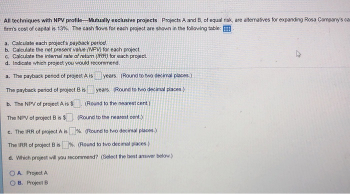  All techniques with NPV profile Mutually exclusive projects Projects A and