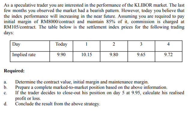 As a speculative trader you are interested in the performance of