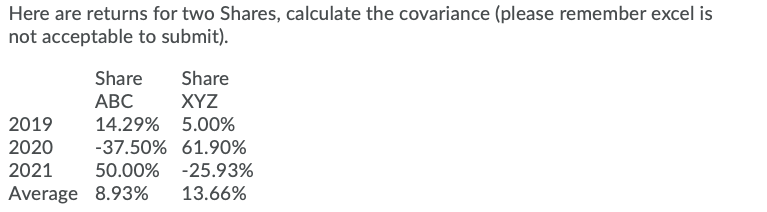 Explain your answer. Here are returns for two Shares, calculate the covariance
