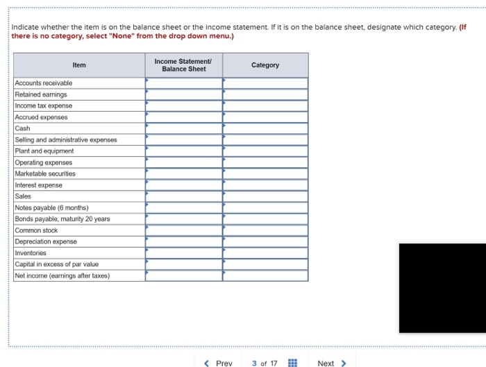  Indicate whether the item is on the balance sheet or the