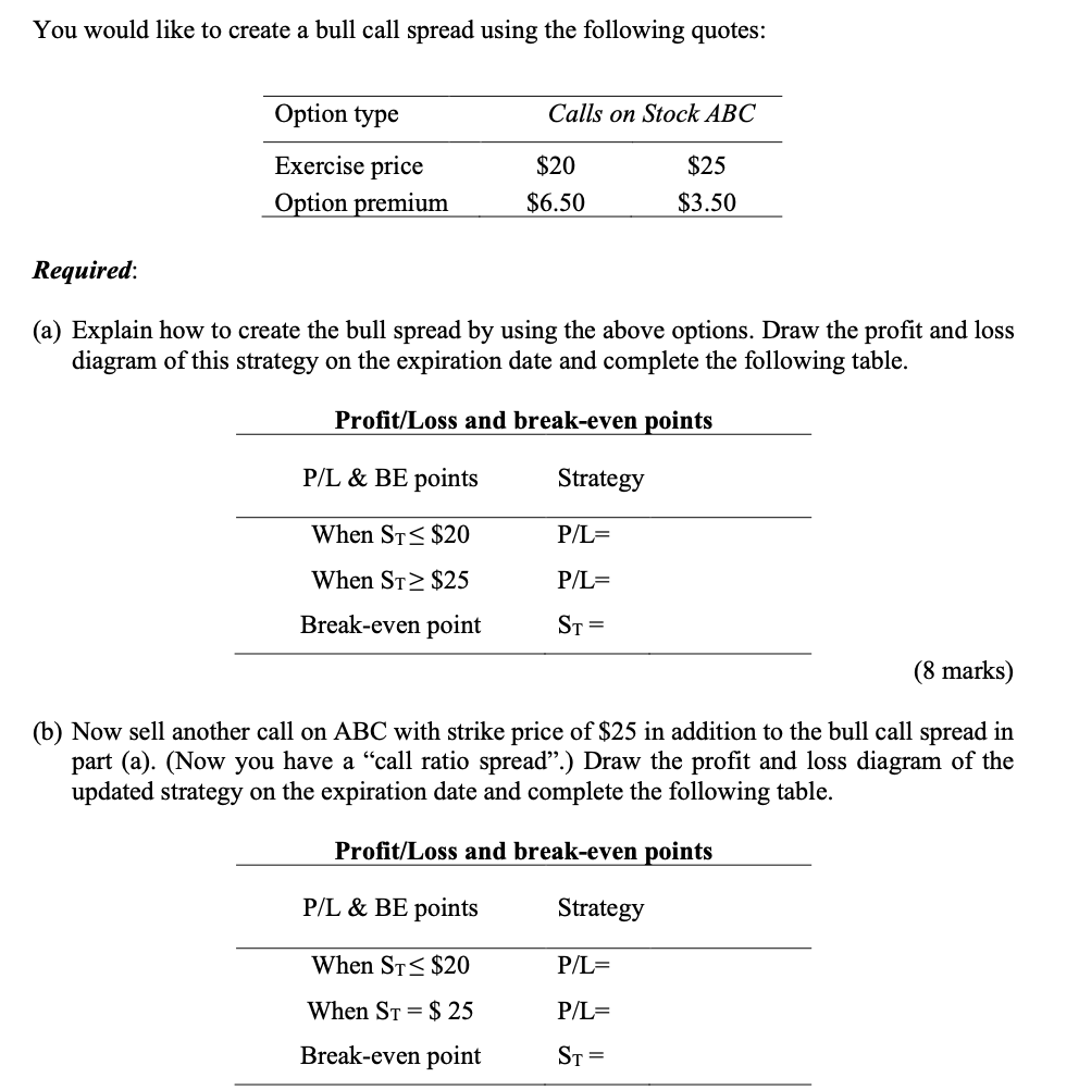  You would like to create a bull call spread using the