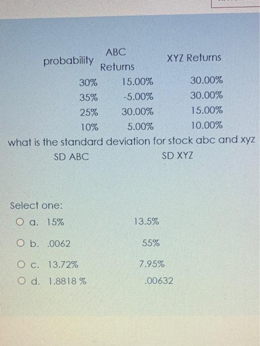  ABC probability XYZ Returns Returns 30% 15.00% 30.00% 35% -5.00% 30.00%