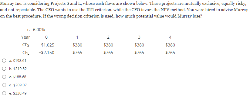 Murray Inc. is considering Projects S and L, whose cash flows