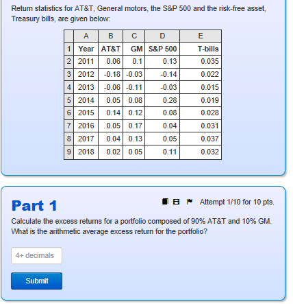 Wxcel with calculations. Thank you Return statistics for AT&T, General motors, the