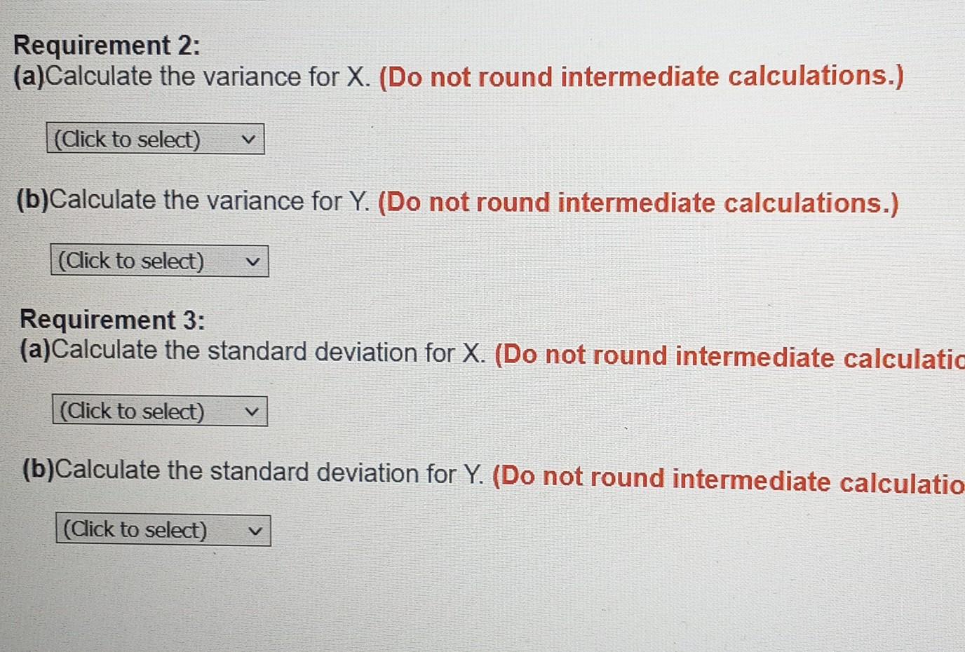 the average returns, the variances, and the standard deviations for X and