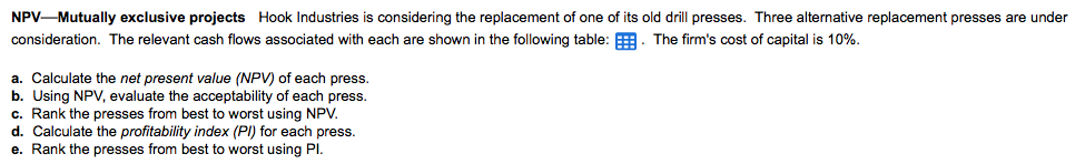 NPV Mutually exclusive projects Hook Industries is considering the replacement of