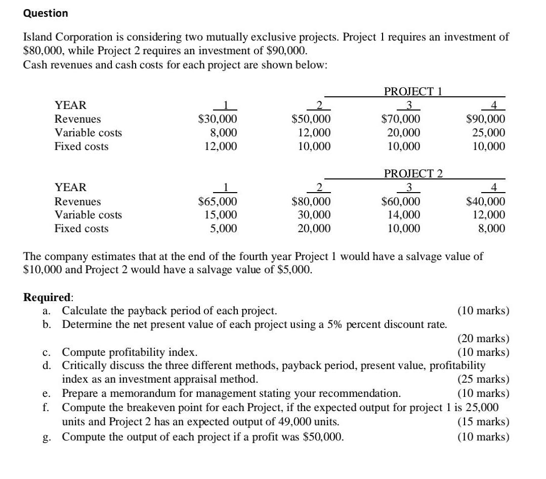 Question Island Corporation is considering two mutually exclusive projects. Project 1