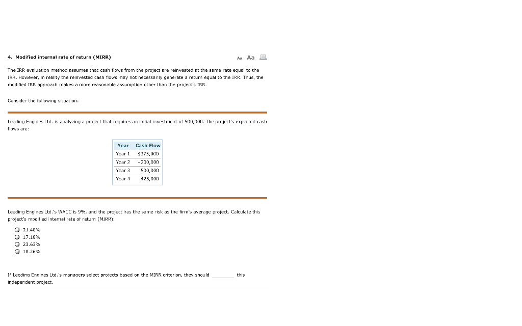 4. Modified internal rate of return (MIRR) An Aa E The