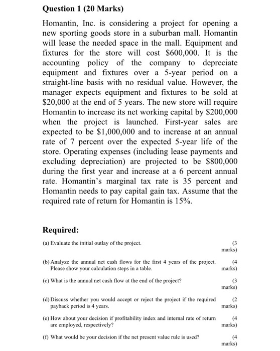  Please answer question e&f only thank you Question 1 (20 Marks)