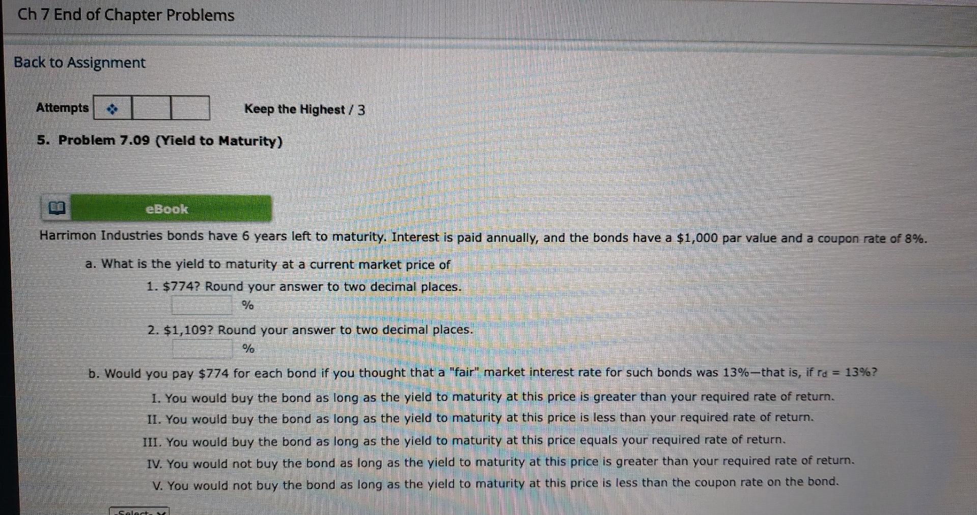 Ch 7 End of Chapter Problems Back to Assignment Attempts Keep