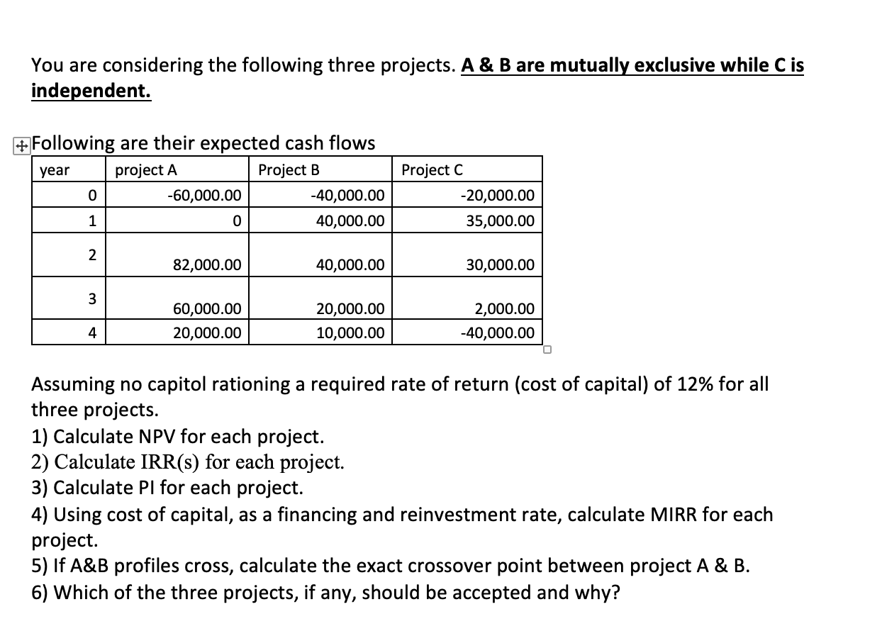  You are considering the following three projects. A & B are