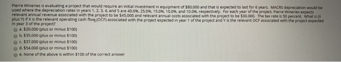  Pierre Wineries is evaluating a project that would require an initial