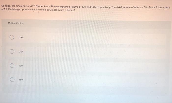  Consider the single-factor APT. Stocks A and B have expected returns