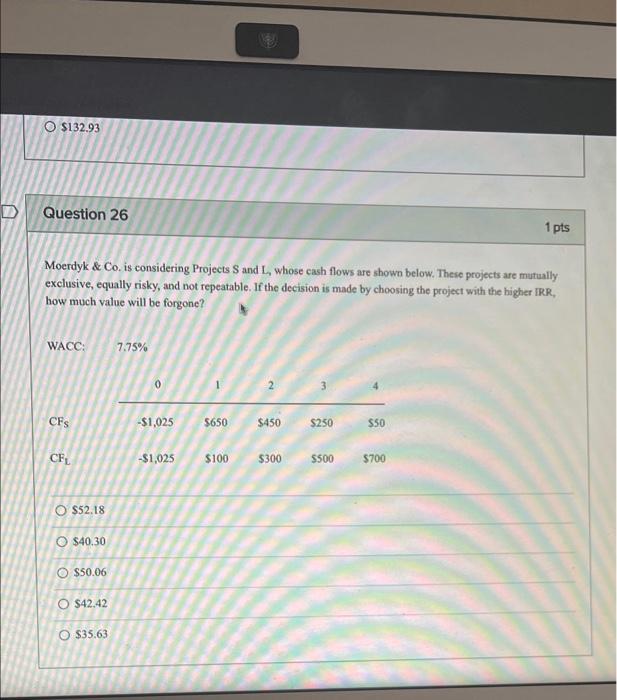 please show excel calculation D $132.93 Question 26 1 pts Moerdyk &
