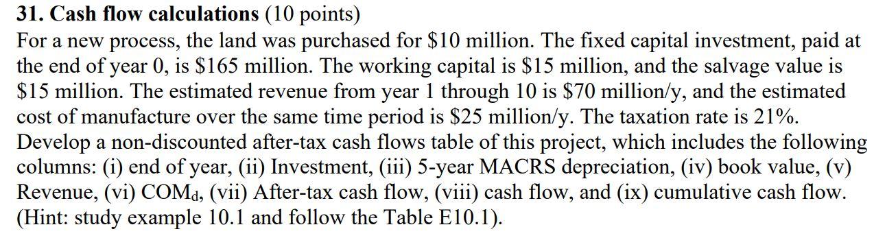  31. Cash flow calculations (10 points) For a new process, the