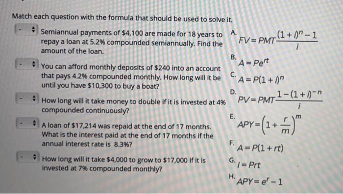  CA=P(1+0" Match each question with the formula that should be used