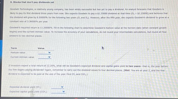 please help! a 9. Stocks that don't pay dividends yet Goodwin Technologies,