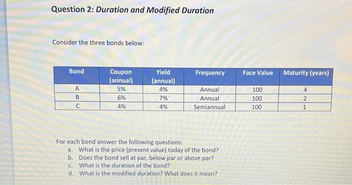  Question 2: Duration and Modified Duration Consider the three bonds below: