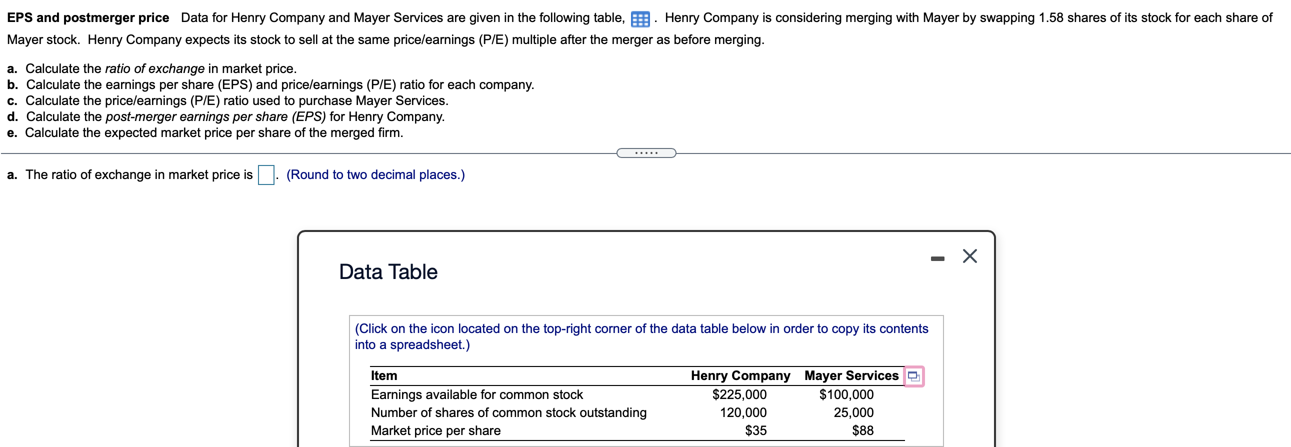 please answer a-e EPS and postmerger price Data for Henry Company and