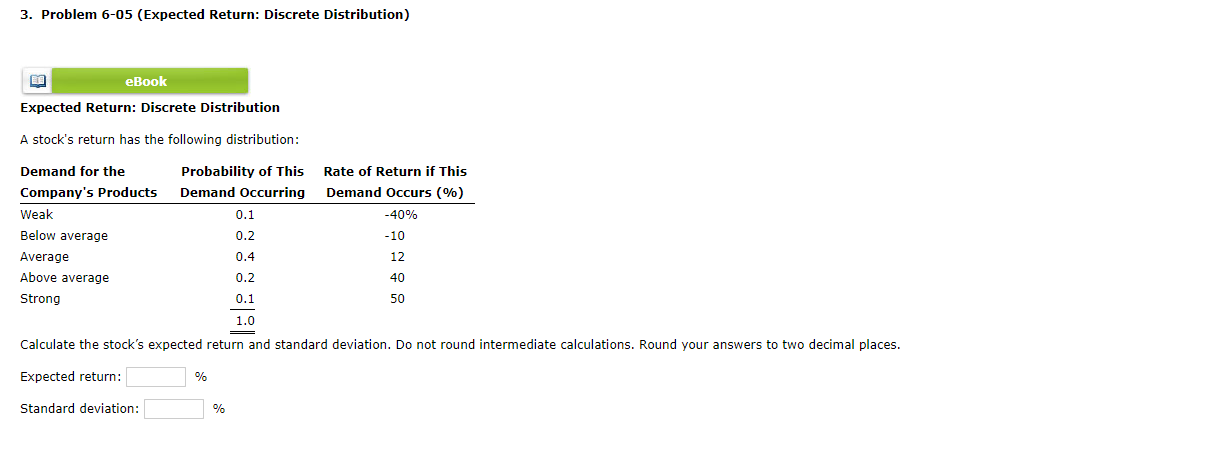  3. Problem 6-05 (Expected Return: Discrete Distribution) eBook Expected Return: Discrete
