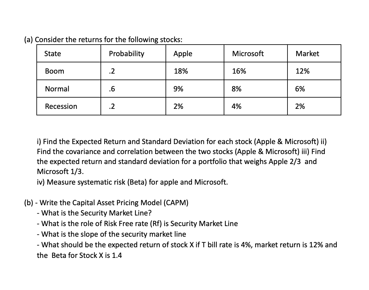(a) Consider the returns for the following stocks: State Probability Apple
