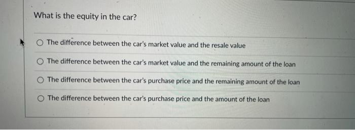  What is the equity in the car? The difference between the