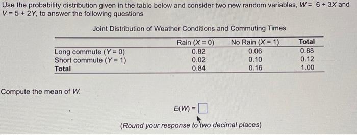  Use the probability distribution given in the table below and consider