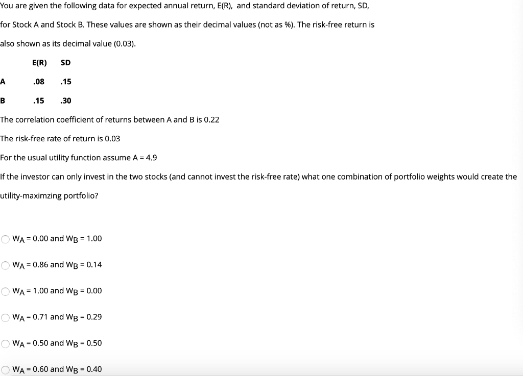 You are given the following data for expected annual return, E(R),