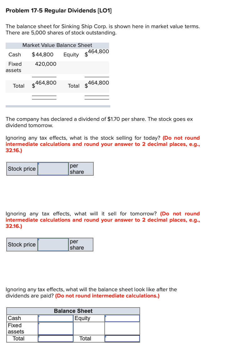 Problem 17-5 Regular Dividends (LO1) The balance sheet for Sinking Ship