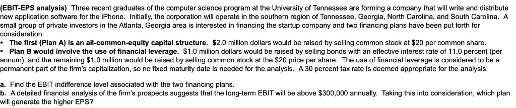  (EBIT-EPS analysis) Three recent graduates of the computer science program at