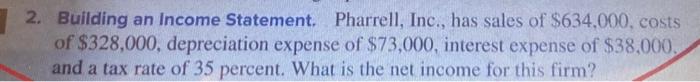  show work 2. Building an Income Statement. Pharrell, Inc., has sales