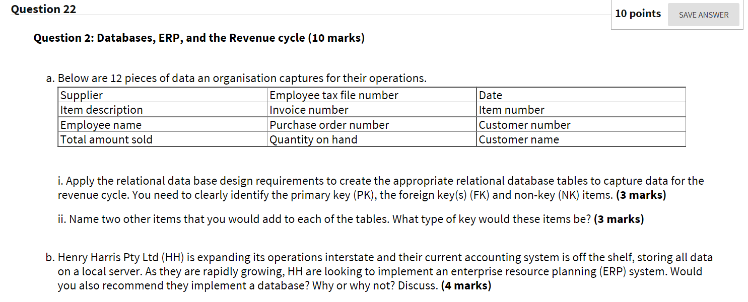  Question 22 10 points SAVE ANSWER Question 2: Databases, ERP, and
