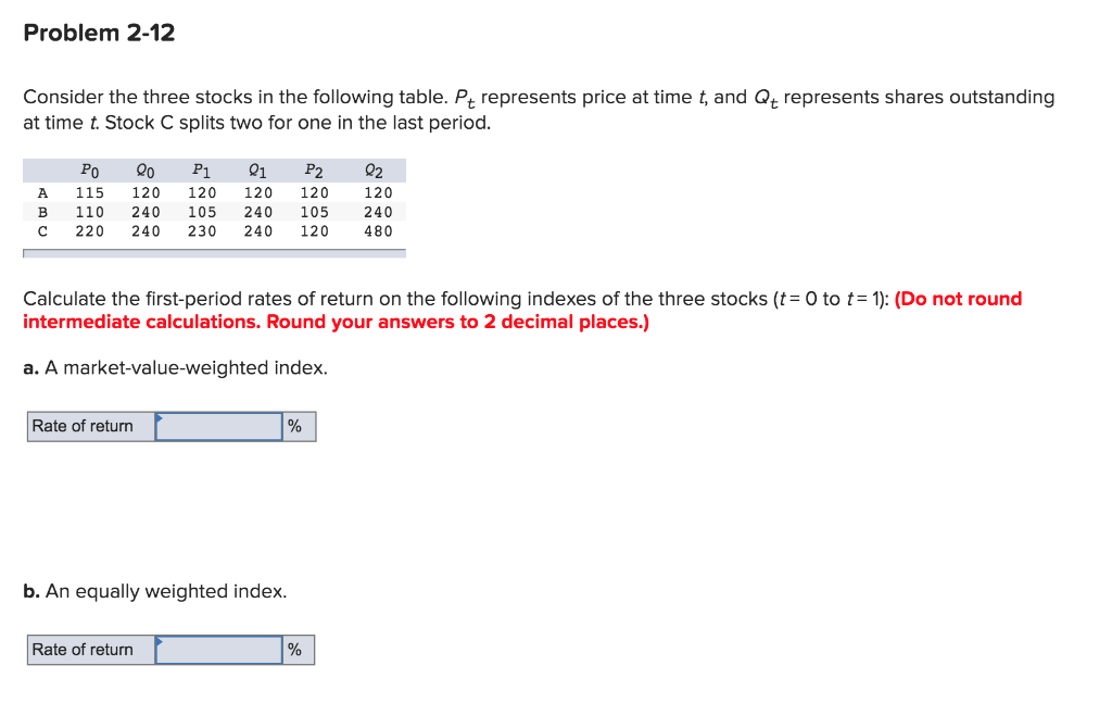  Problem 2-12 Consider the three stocks in the following table. Pt