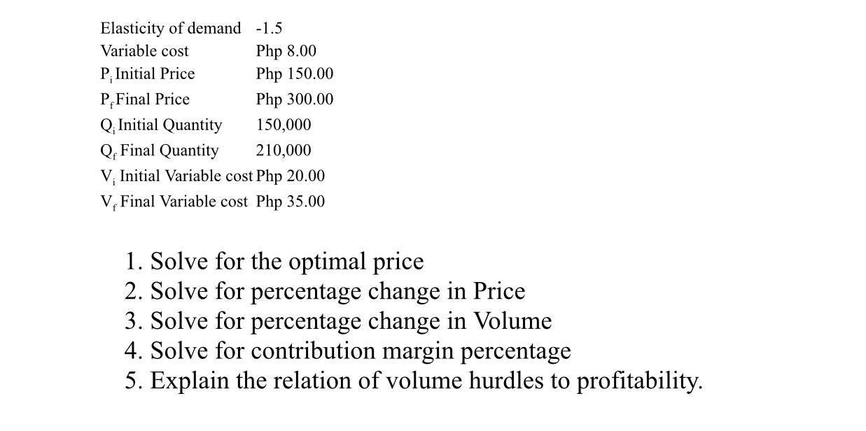 Elasticity of demand -1.5 Variable cost Php 8.00 P. Initial Price