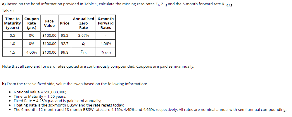 a) Based on the bond information provided in Table 1, calculate