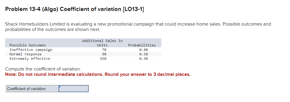  Problem 13-4(Algo) Coefficient of variation [LO13-1] Shack Homebuilders Limited is evaluating