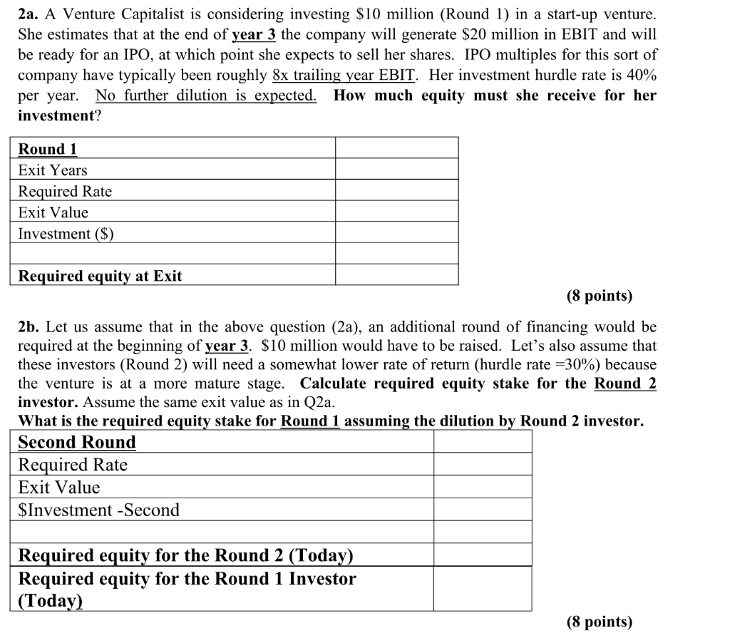 2a. A Venture Capitalist is considering investing $10 million (Round 1)