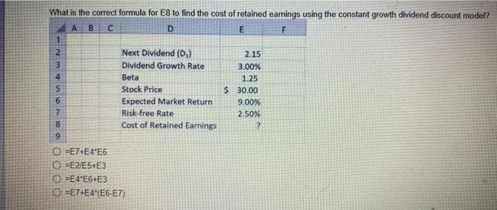  What is the correct formula for E8 to find the cost