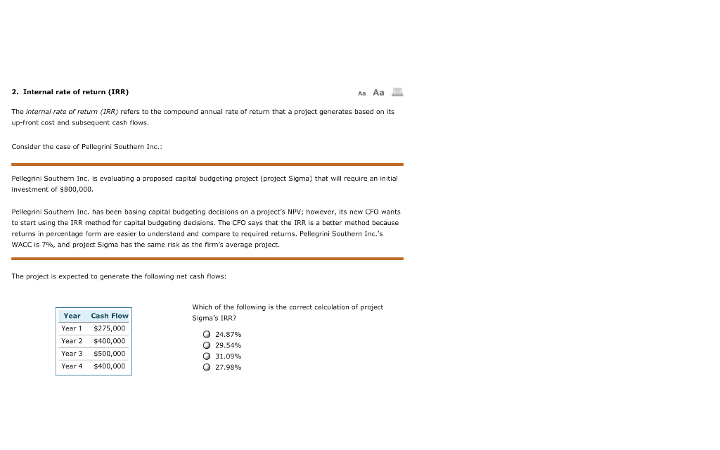  2. Internal rate of return (IRR) Aa Aa E The internal