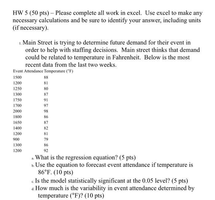  HW 5 (50 pts) - Please complete all work in excel.