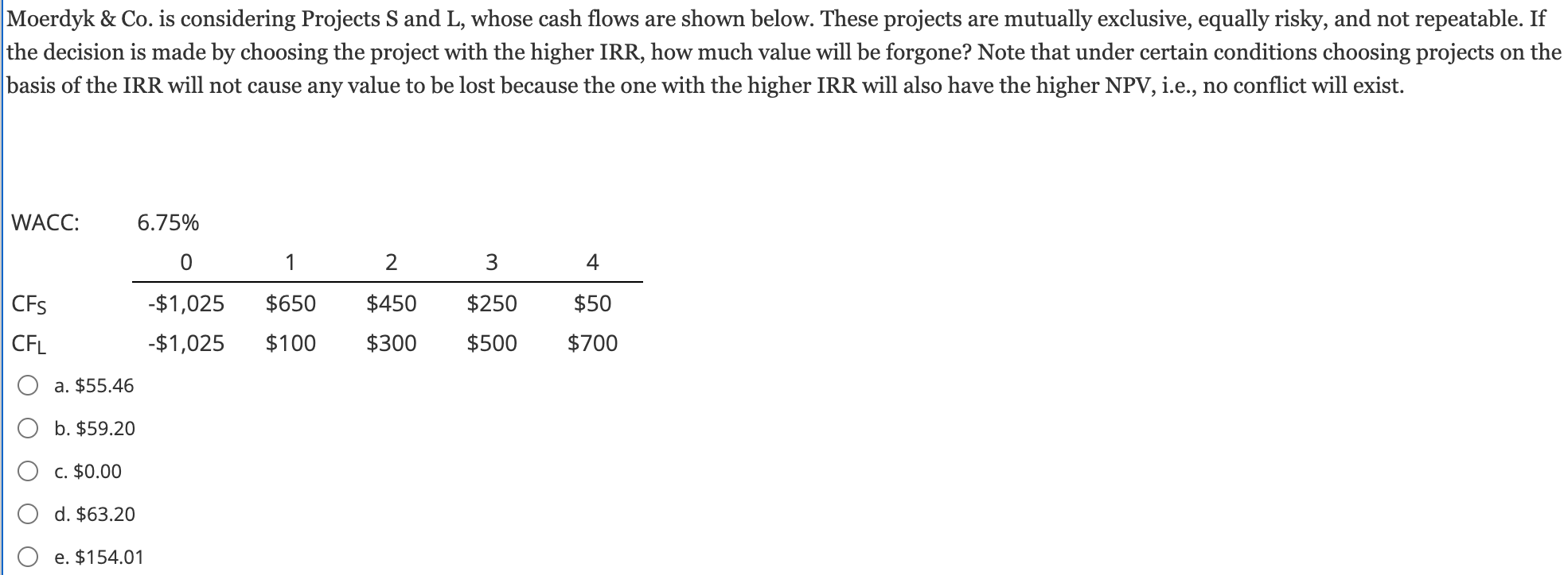 please help, thanks! Moerdyk & Co. is considering Projects S and L,