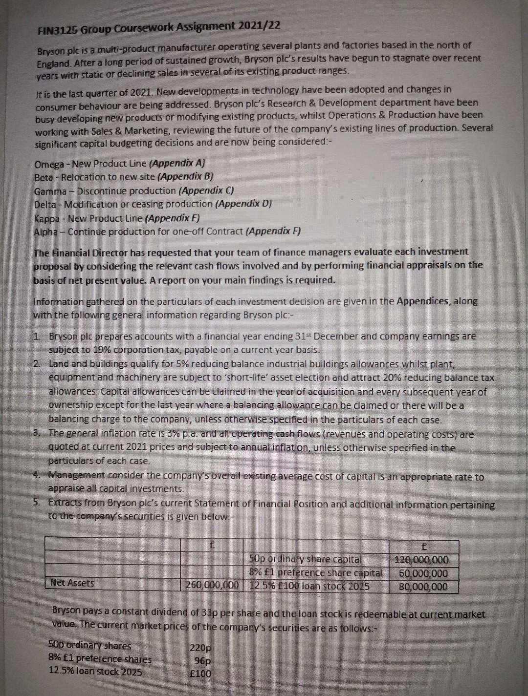  FIN3125 Group Coursework Assignment 2021/22 Bryson plc is a multi-product manufacturer
