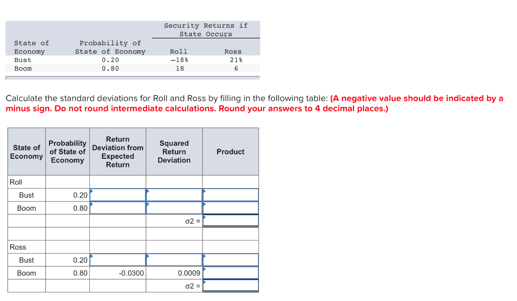 complete the table Security Returns if State Occurs State of Economy Bust